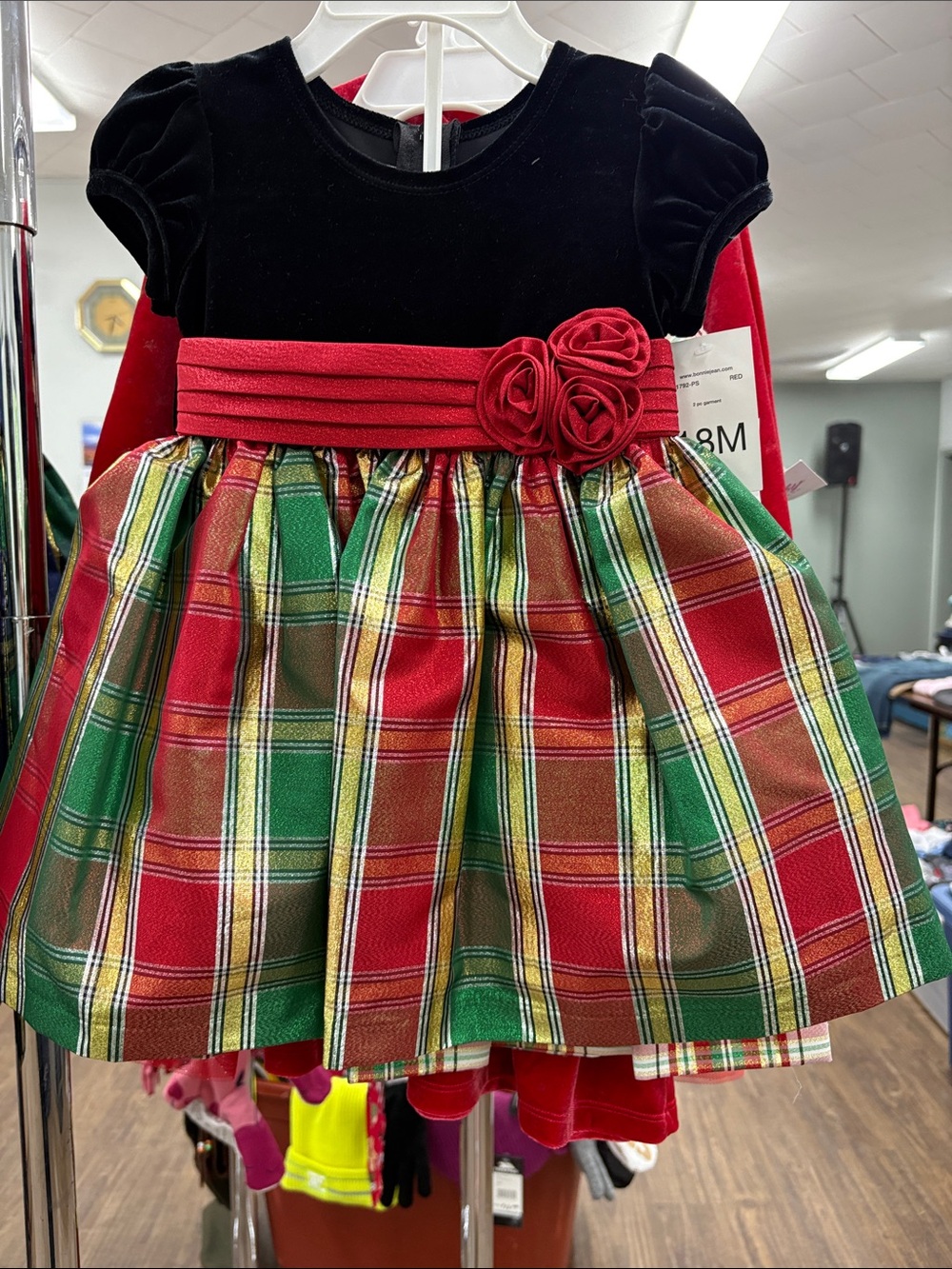 Bonnie Baby Black Velvet Bodice Red Sash Plaid Holiday Dress